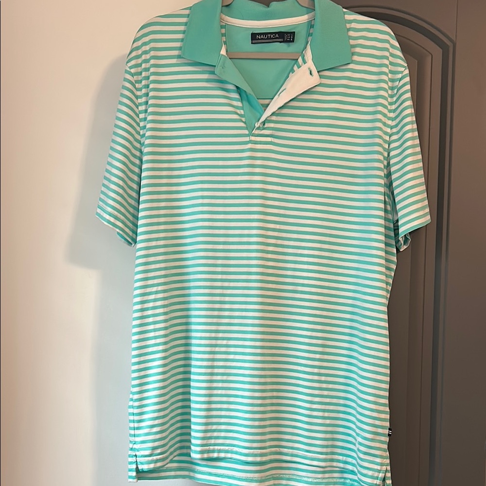 Nautica Blue and White Striped Polo Shirt
